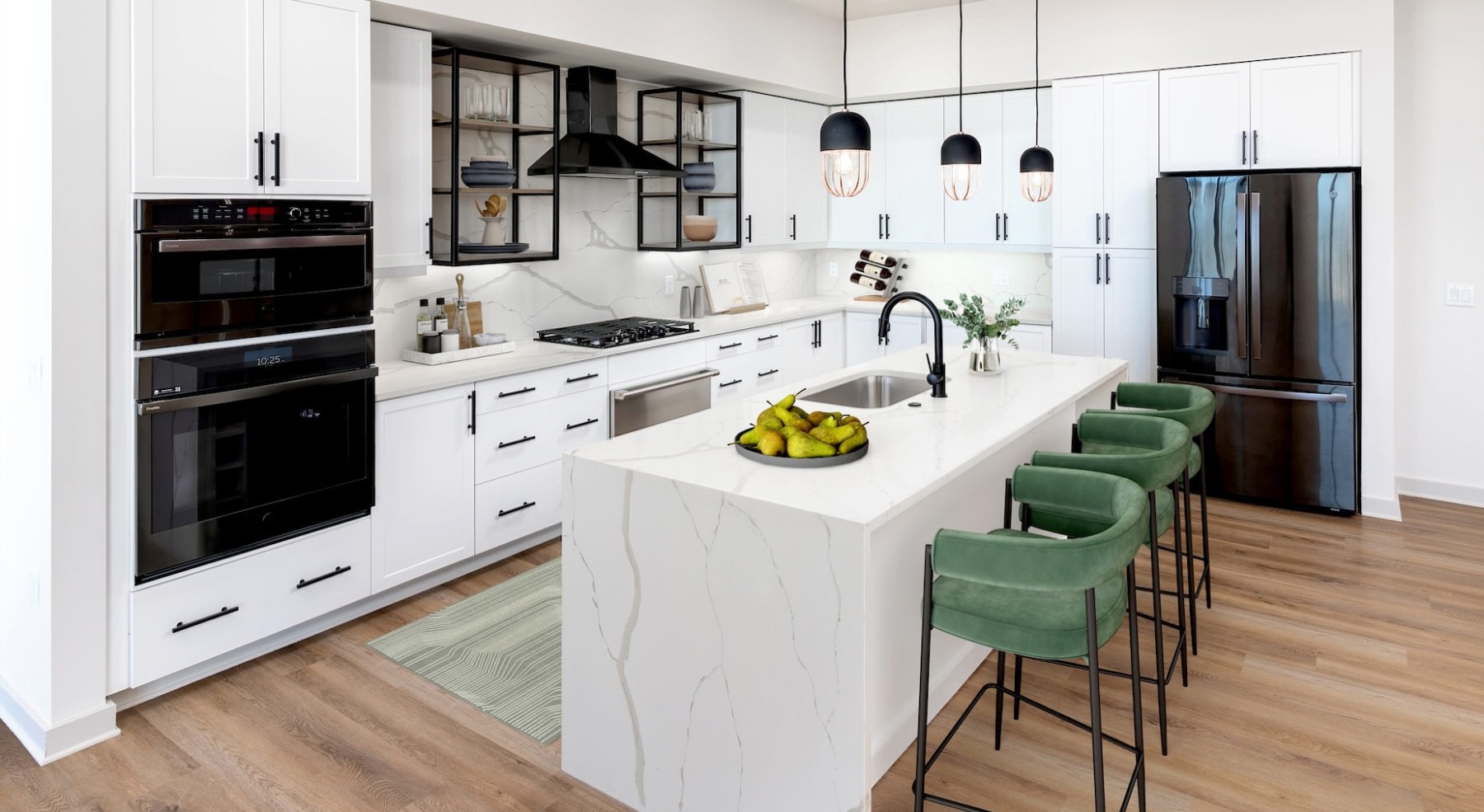 Luxe Kitchens with Waterfall Quartz Counters, Exposed Shelving and Designer Fixtures